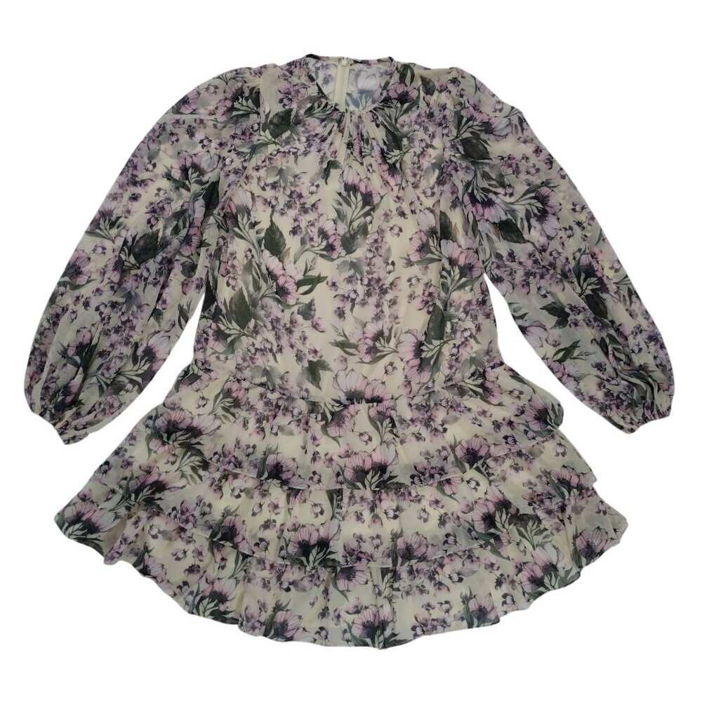 Iena For Mac Duggal Floral Long Sleeve Tiered Dress Size 4 Sheer Ruffle Elegant.
